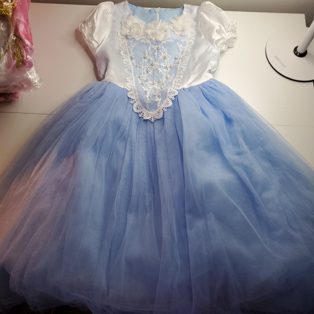 Girls Blue White Princess Costume Dress with Matching Lace Satin Gloves NWT